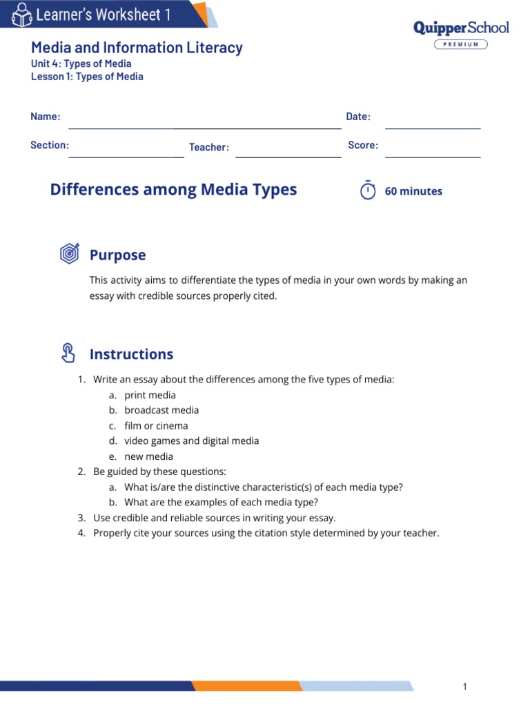 MIL 11 - 12 Q3 0401 Types of Media SW1 | PDF | Learning | Literacy