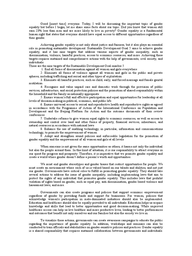Gender Equality Advocacy Script | PDF | Gender Equality | Gender Studies