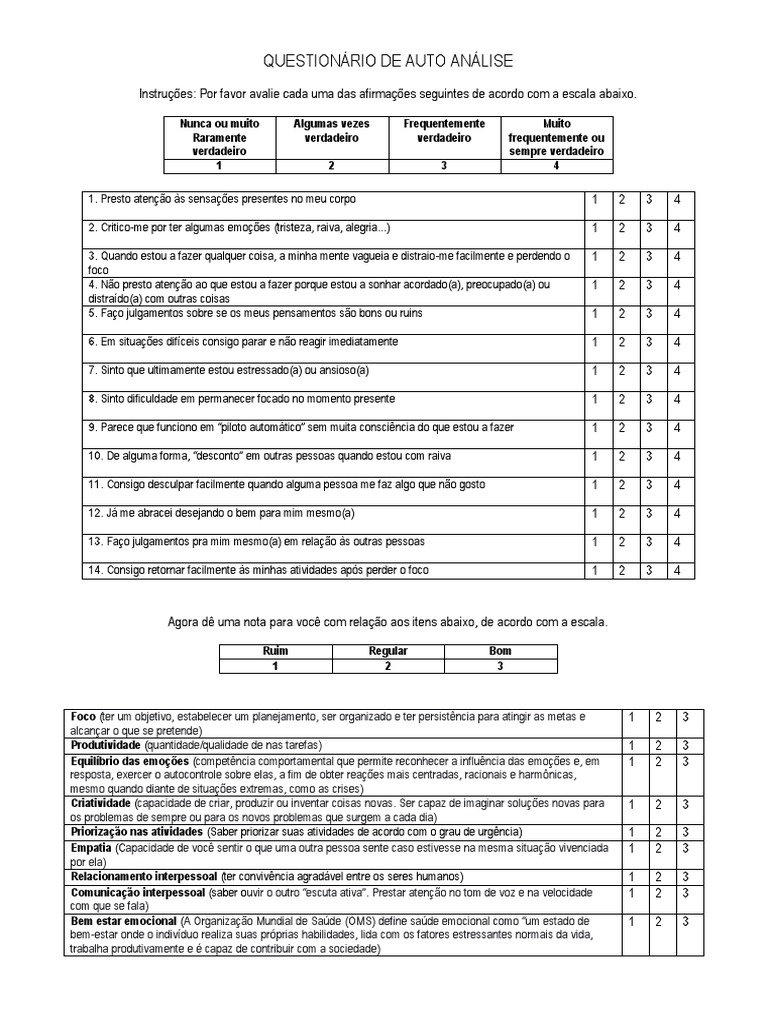Questionário de Auto Análise | PDF | Emoções | Bem-estar