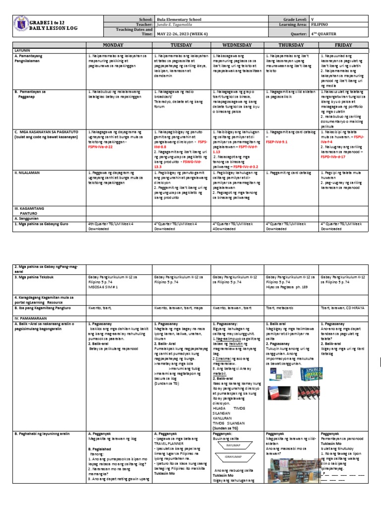 Grade 5 DLL FILIPINO 5 Q4 Week 4 | PDF
