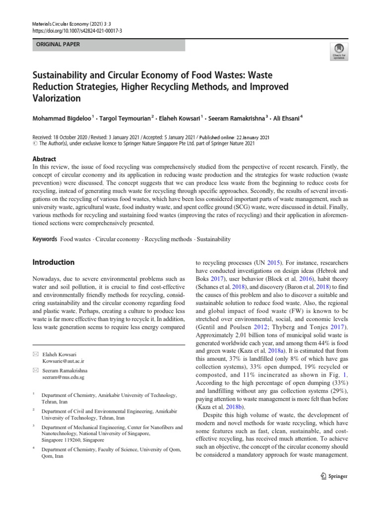 Sustainability and Circular Economy of Food Wastes Waste Reduction ...