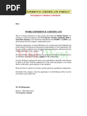 Work Experience Certificate