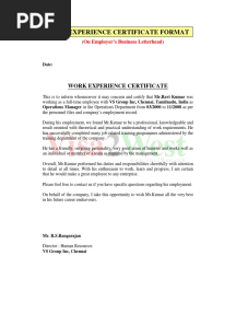 Work Experience Certificate