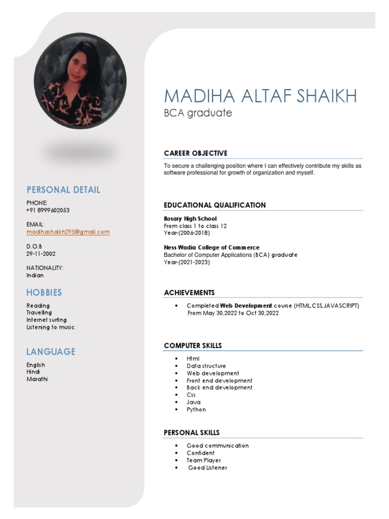 BCA Graduate Madiha Altaf Shaikh Resume | PDF | Art | Computers