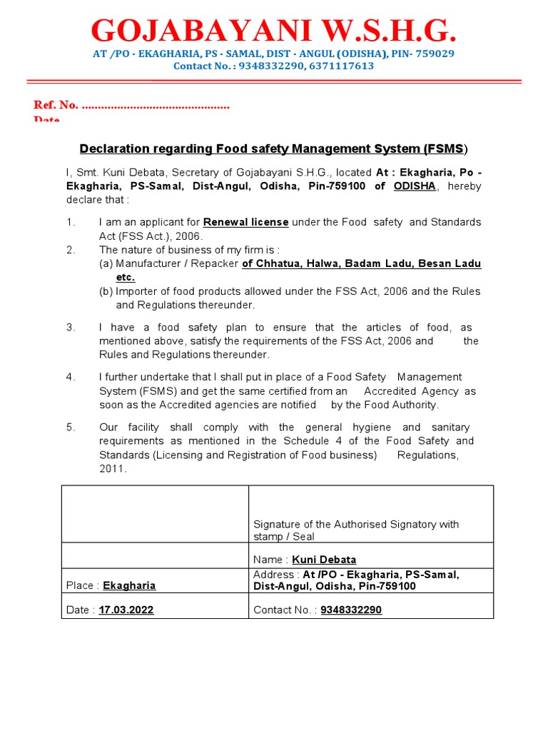 Food Safety Management Declaration | PDF