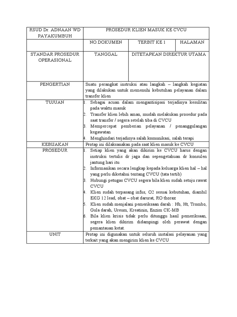 Prosedur Masuk dan Pindah CVCU | PDF