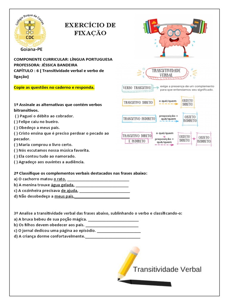 EXERCÍCIO DE FIXAÇÃO - Transitividade Verbal | PDF