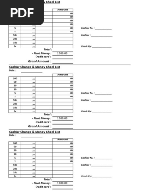 Daily Cashier Money Check List -- Change Cashier
