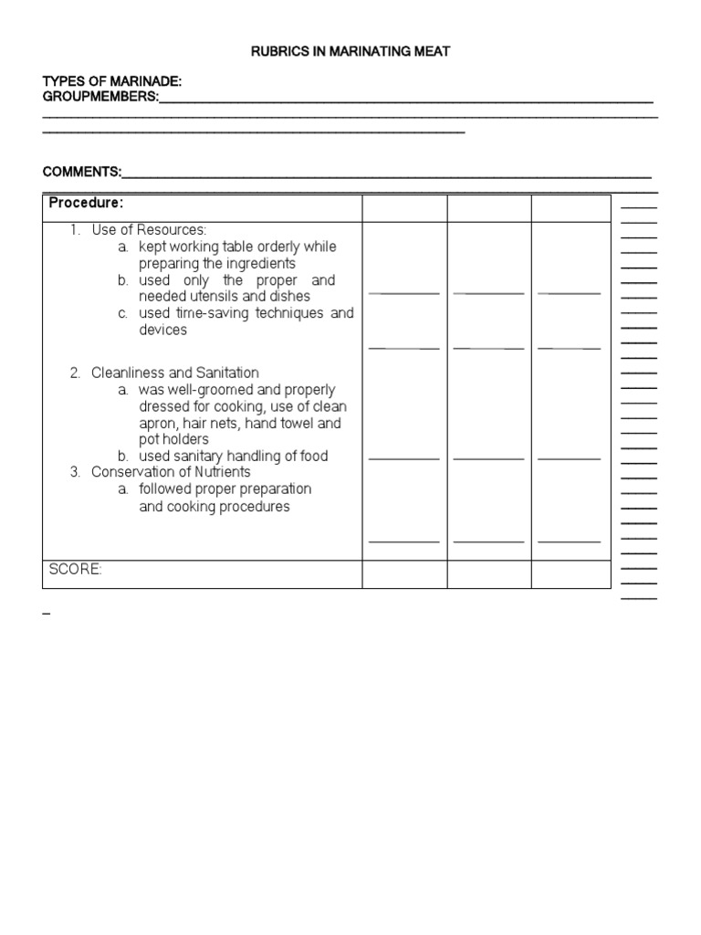 Rubrics for Marinating Meat Evaluation | PDF | Curing (Food ...