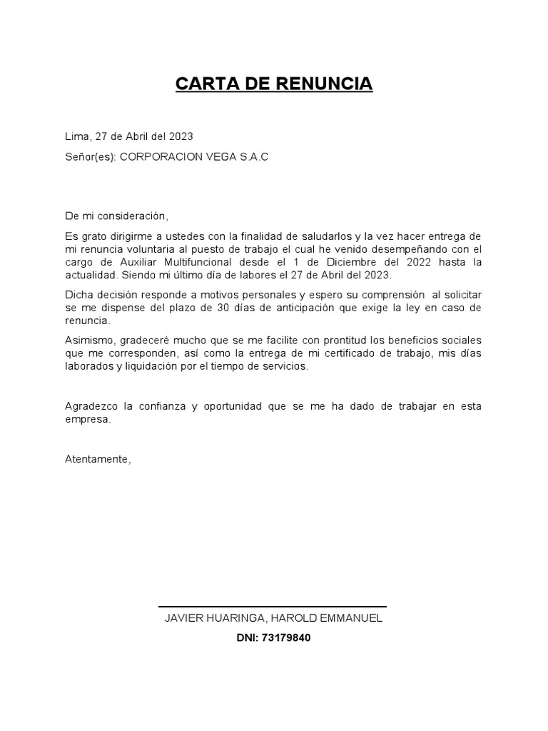Carta de Renuncia Voluntaria Laboral | PDF | Crecimiento personal y