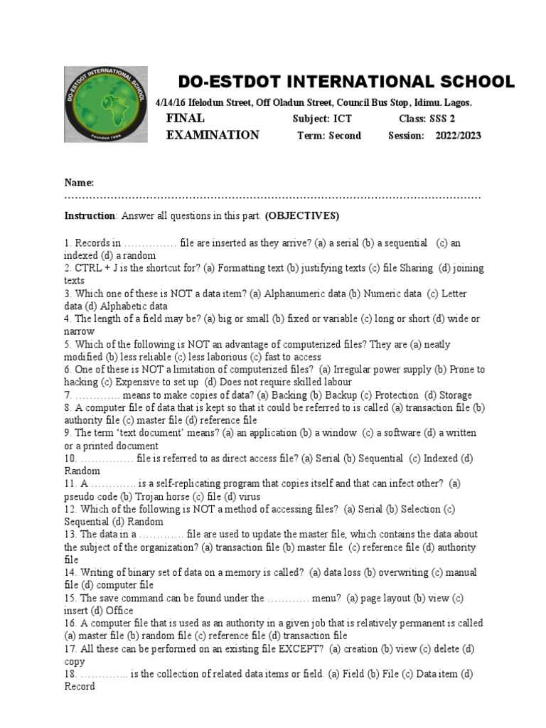 SS2 ICT Second Term Exam 2022 | PDF | Computer Data Storage | Central ...