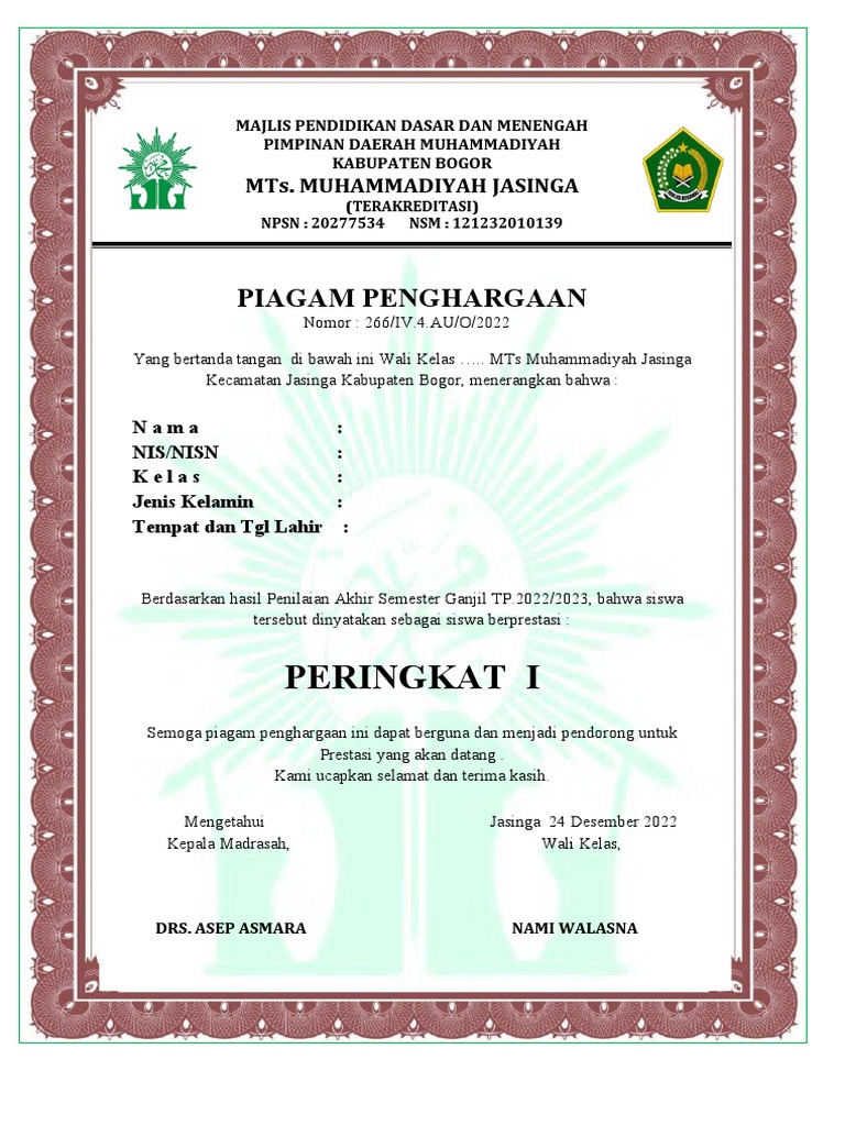 Contoh Piagam Peringkat Kelas Pdf