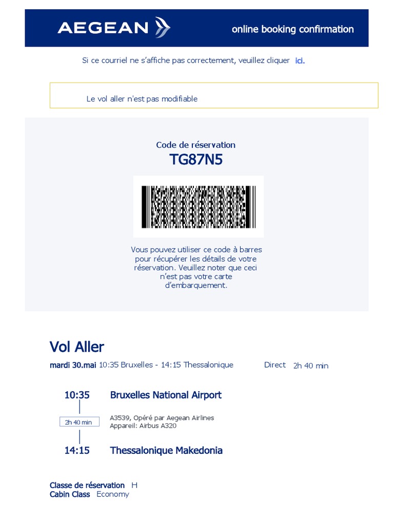 Confirmation Vol Aegean: Bruxelles-Thessalonique | PDF | Aviation ...