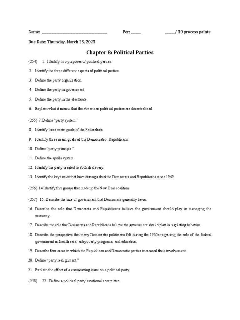 Chapter 8 Political Parties Reading Notes PDF American Government