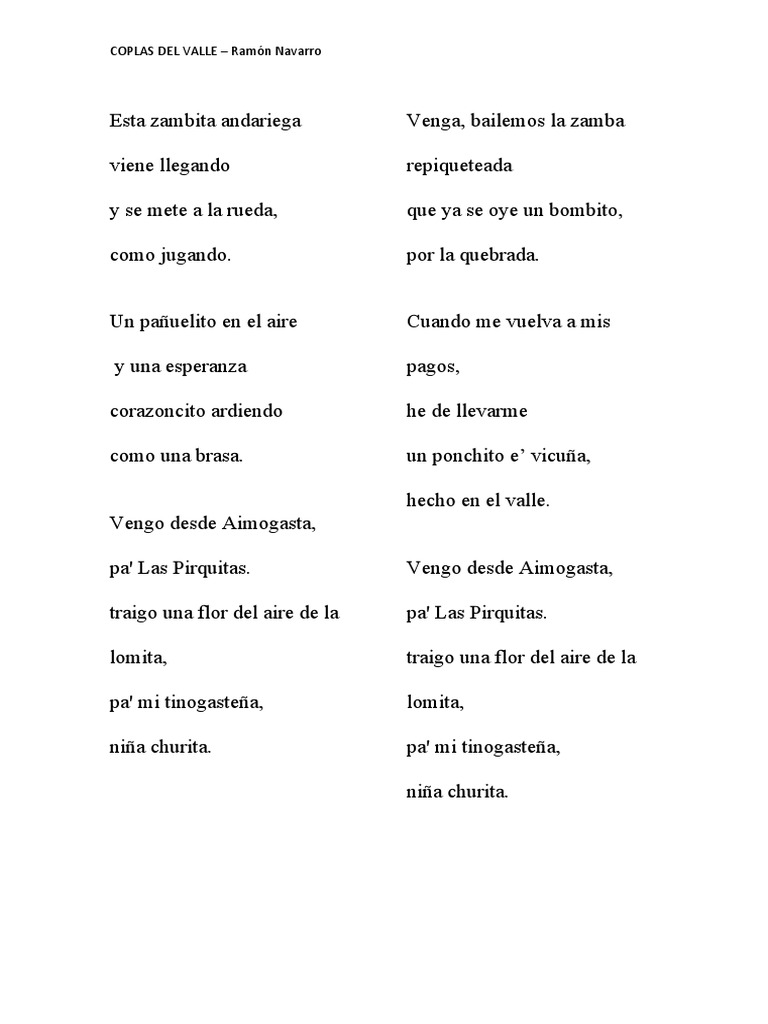 Coplas del Valle: Zambita Andariega | PDF | Poesía
