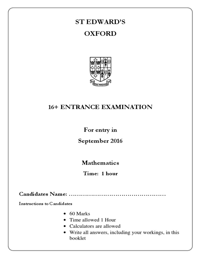 Oxford 16+ Maths Entrance Exam 2016 | PDF | Area | Elementary Mathematics