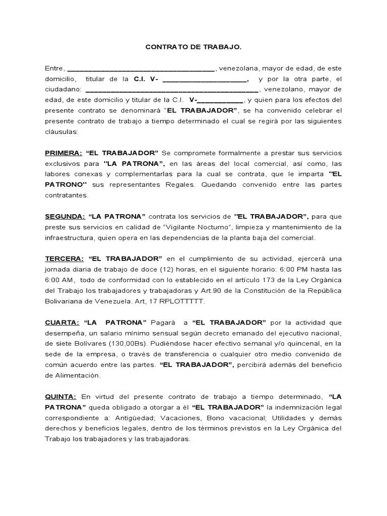 Contrato de Trabajo Formato | PDF | Daños y perjuicios | Venezuela