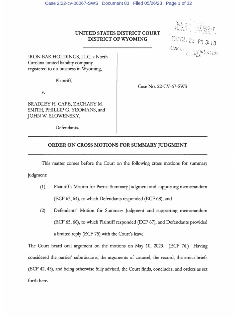 Order On Cross Motions For Summary Judgment, Iron Bar Holdings, LLC v