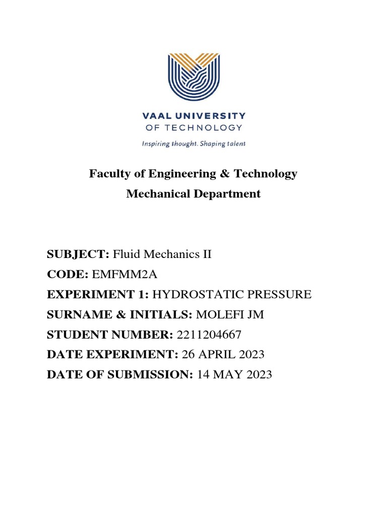 Fluid Mechanics 2 Practical 2 Pdf Pressure Force