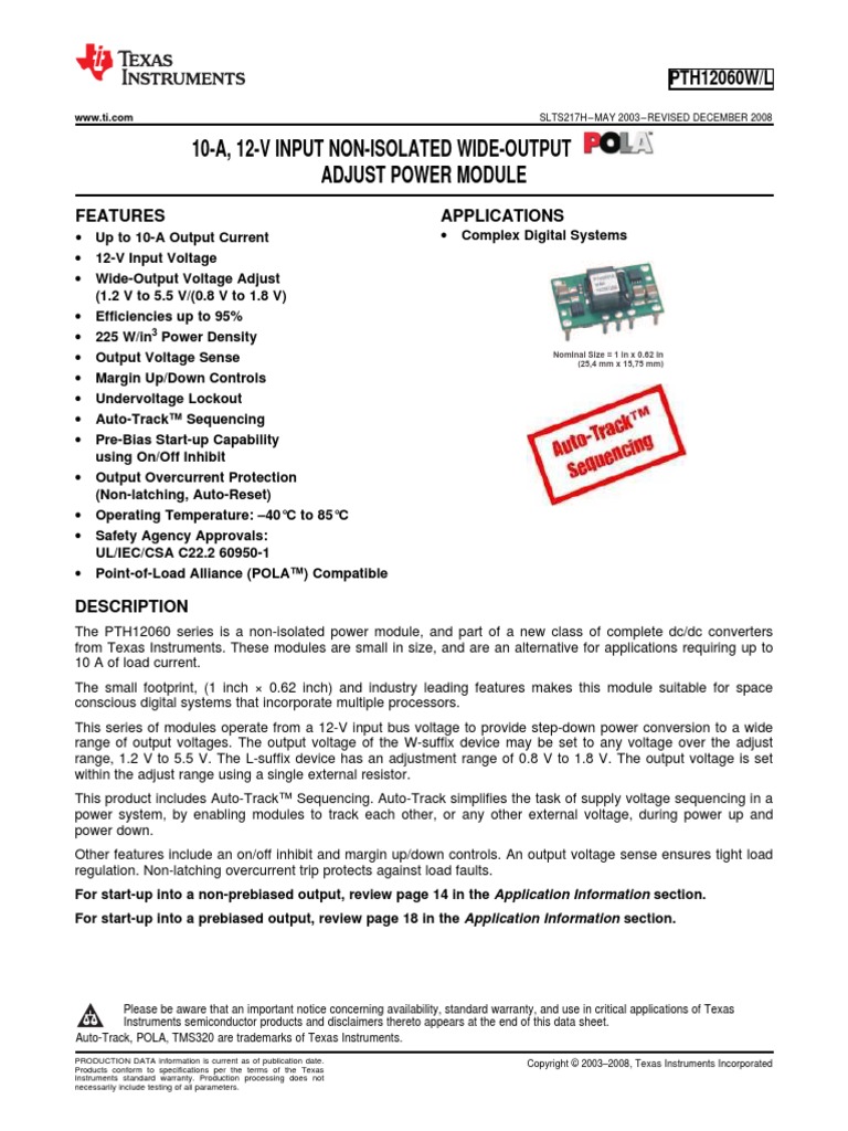 Texas Instruments Pth12060waz DC DC Power Supply Through Hole | PDF ...