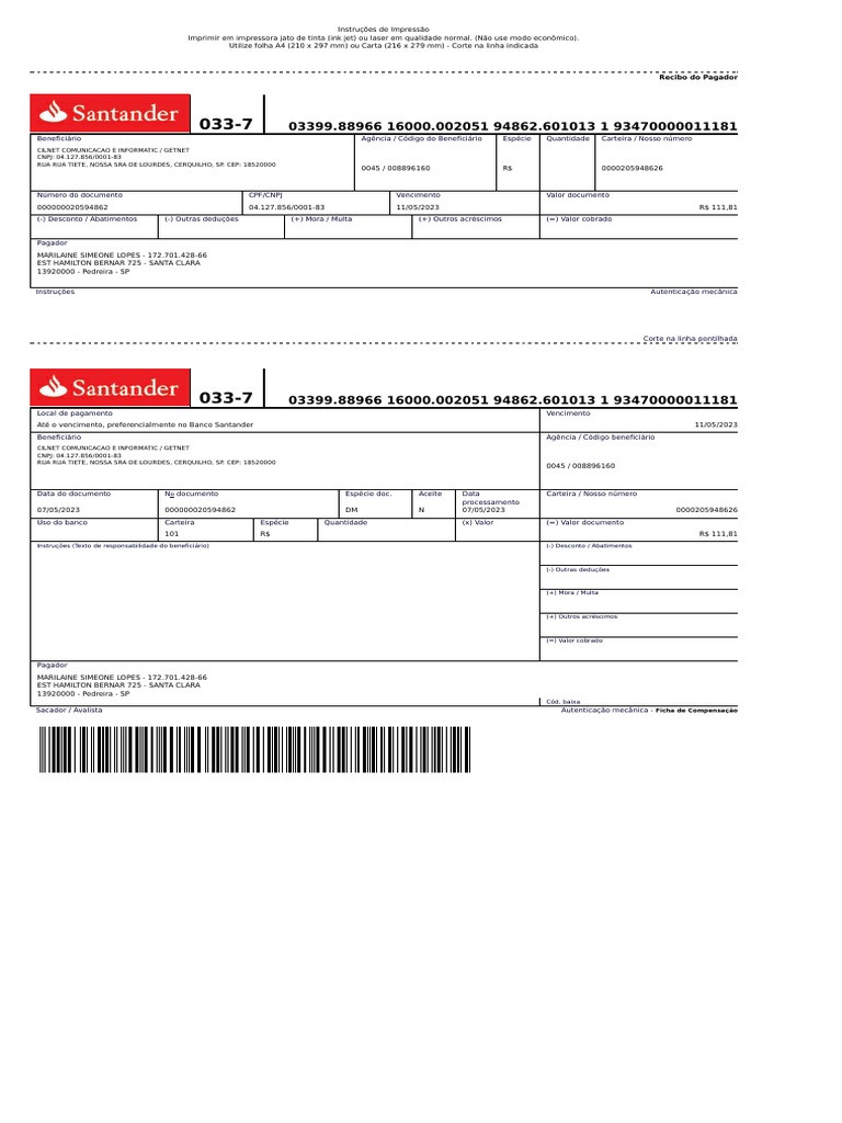 Recibo Do Pagador: Ficha de Compensação | PDF