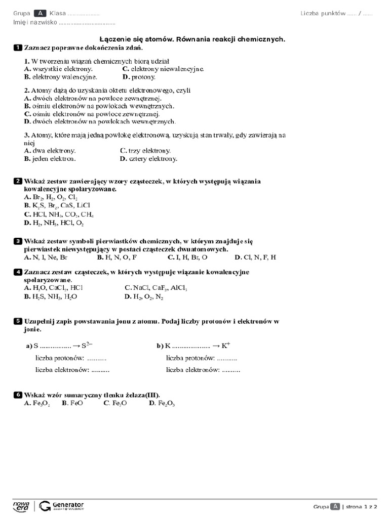 Sprawdzian Równania Klasa 7 Gwo Sprawdzian Chemia klasa 7 | PDF