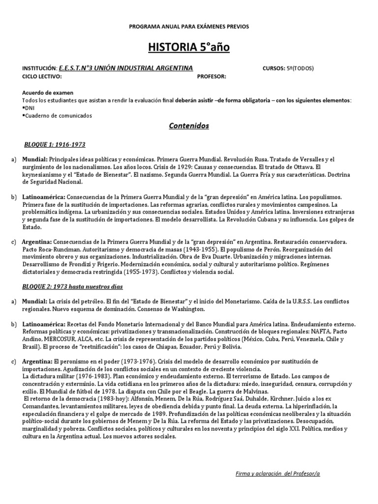 Programa Anual Historia 5 PDF America latina Argentina
