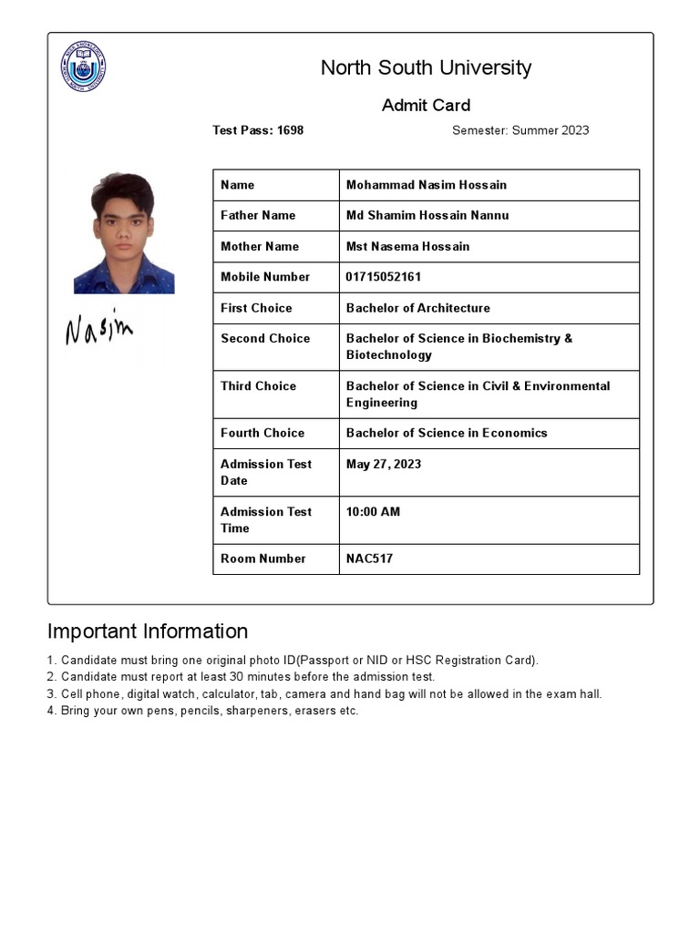 Print admit card pdf