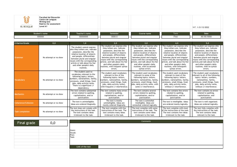 Writing Test Rubrics Template Reg A1 U1 6 1st V1 21122022