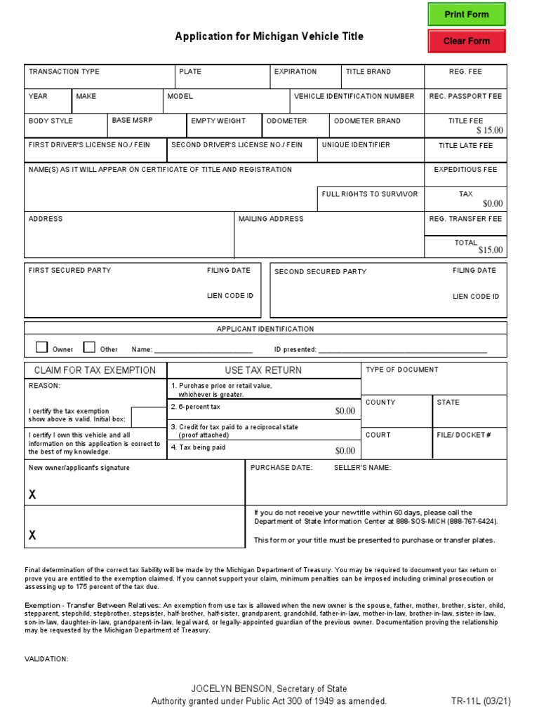 Application For Michigan Vehicle Title Use Tax Return Claim For Tax
