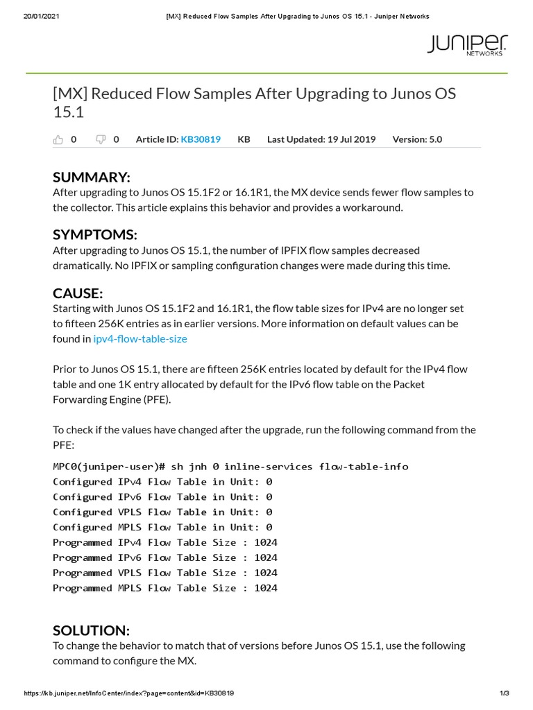 [MX] Reduced Flow Samples After Upgrading to Junos OS 15.1 Juniper