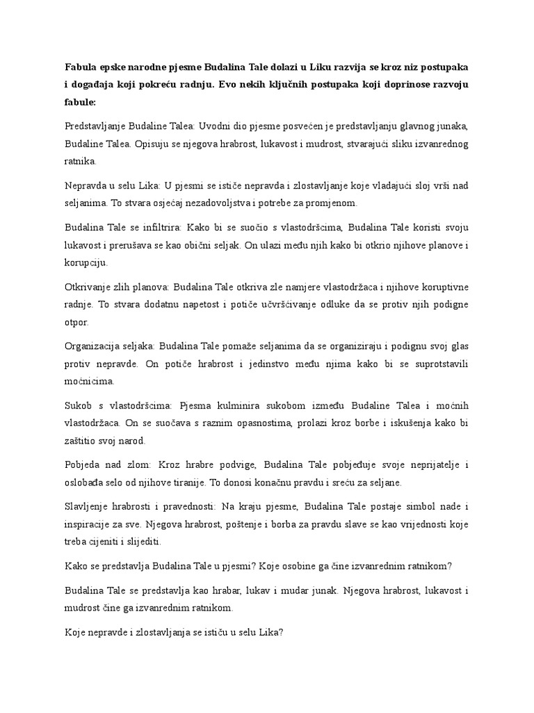 Fabula Epske Narodne Pjesme Budalina Tale Dolazi U Liku | PDF
