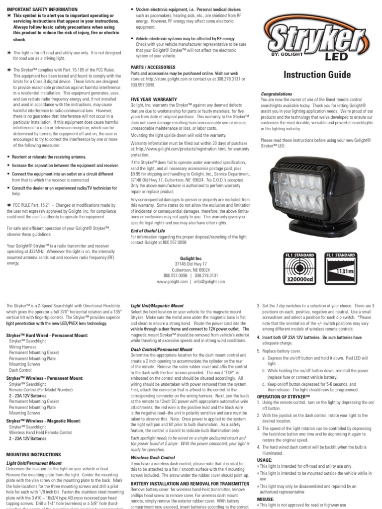 Golight LED Stryker Searchlight Owners Manual | PDF | Electromagnetic