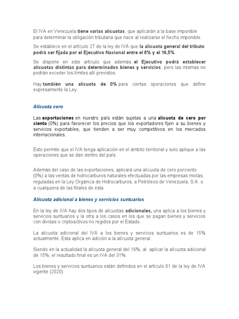Alícuotas del IVA en Venezuela 2023 | PDF | Impuesto al valor agregado ...