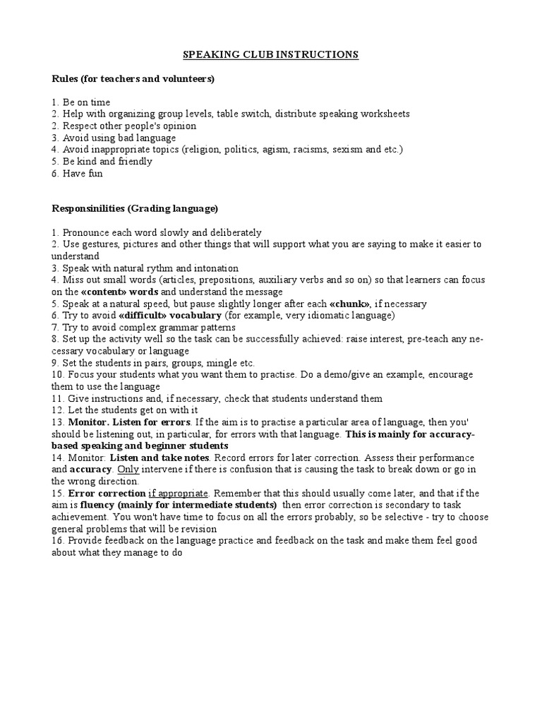 Speaking Club Guidelines for Educators | PDF