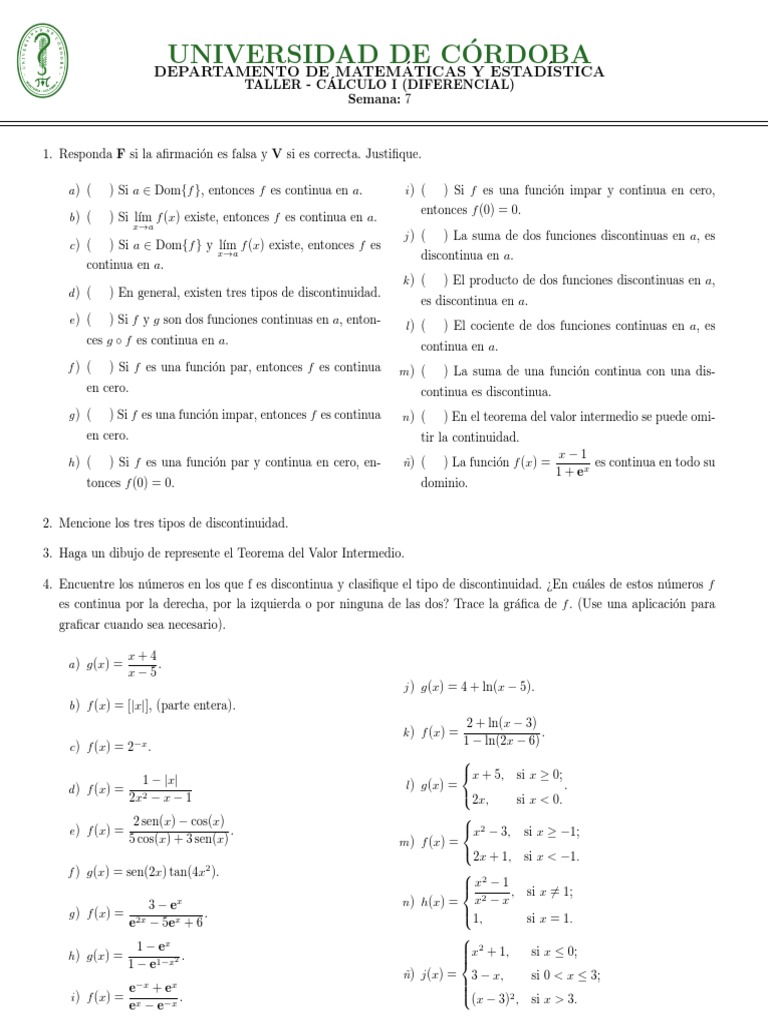 Taller de Cálculo I: Continuidad y Límites | PDF