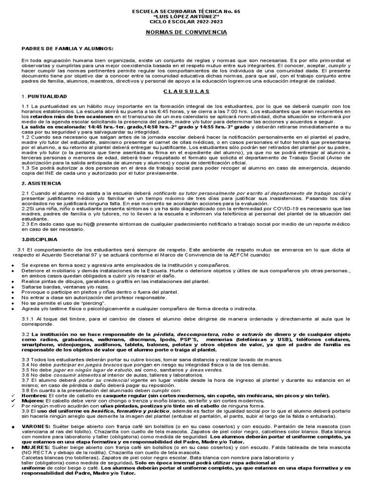 Normas de Convivencia Escolar 2022-2023 | PDF | Trabajo Social | Maestros
