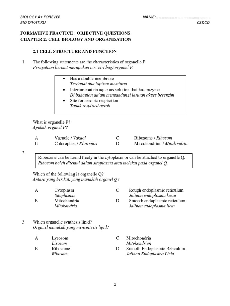 Formatif - C2 Cell Biology and Organisation KSSM | PDF | Organelle ...