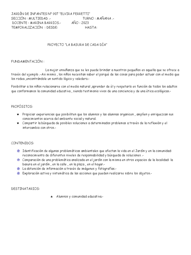 Proyecto La Basura de Cada Día | PDF | Residuos | Reciclaje
