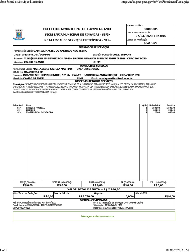 Nota Fiscal Eletrônica - Campo Grande MS | PDF | Serviços (economia ...