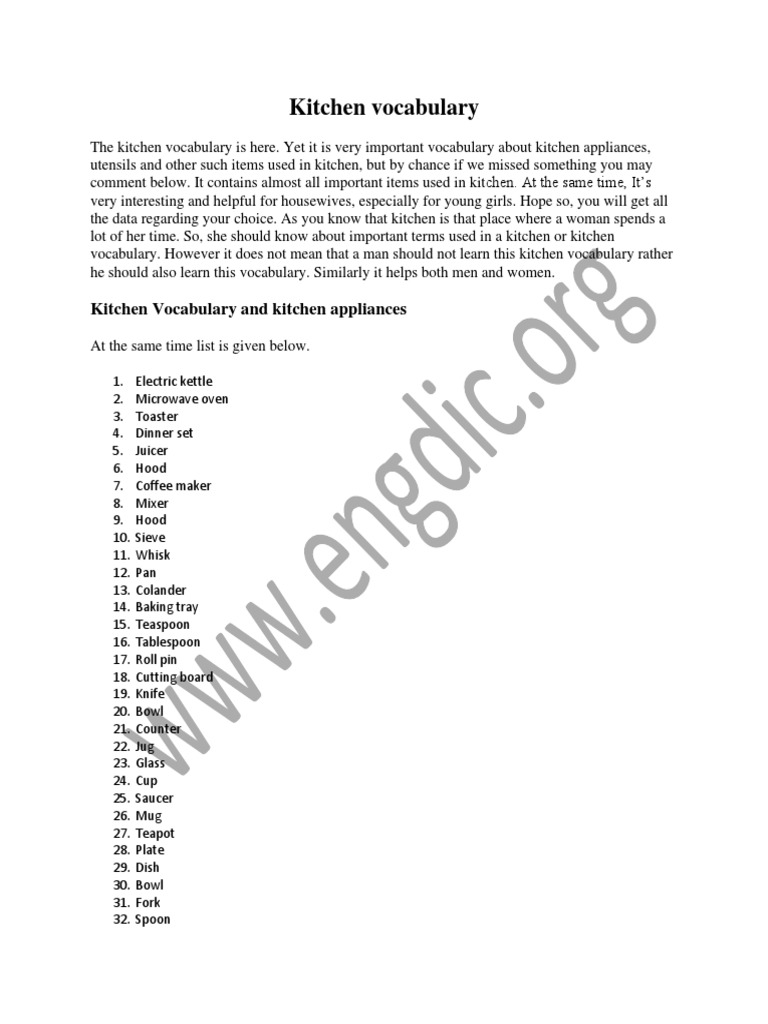 Kitchen Vocabulary PDF