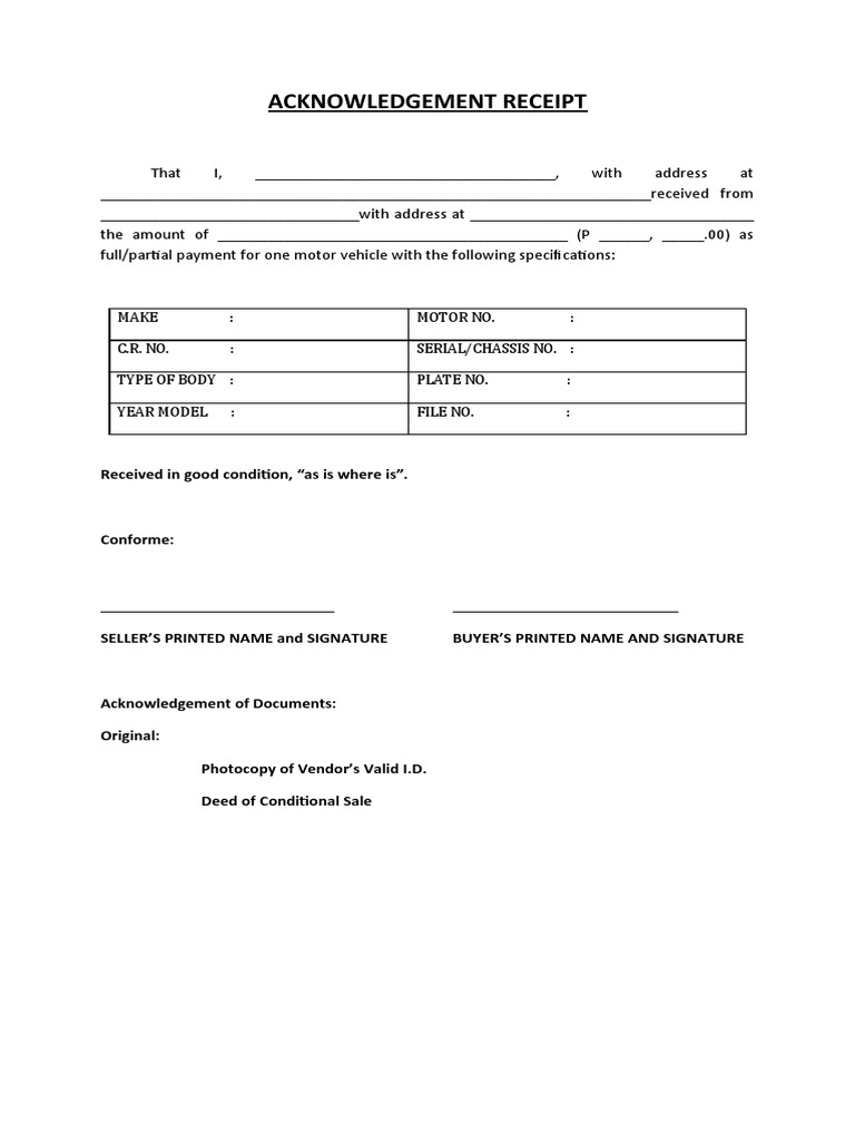 Motor Vehicle Acknowledgement Receipt | PDF