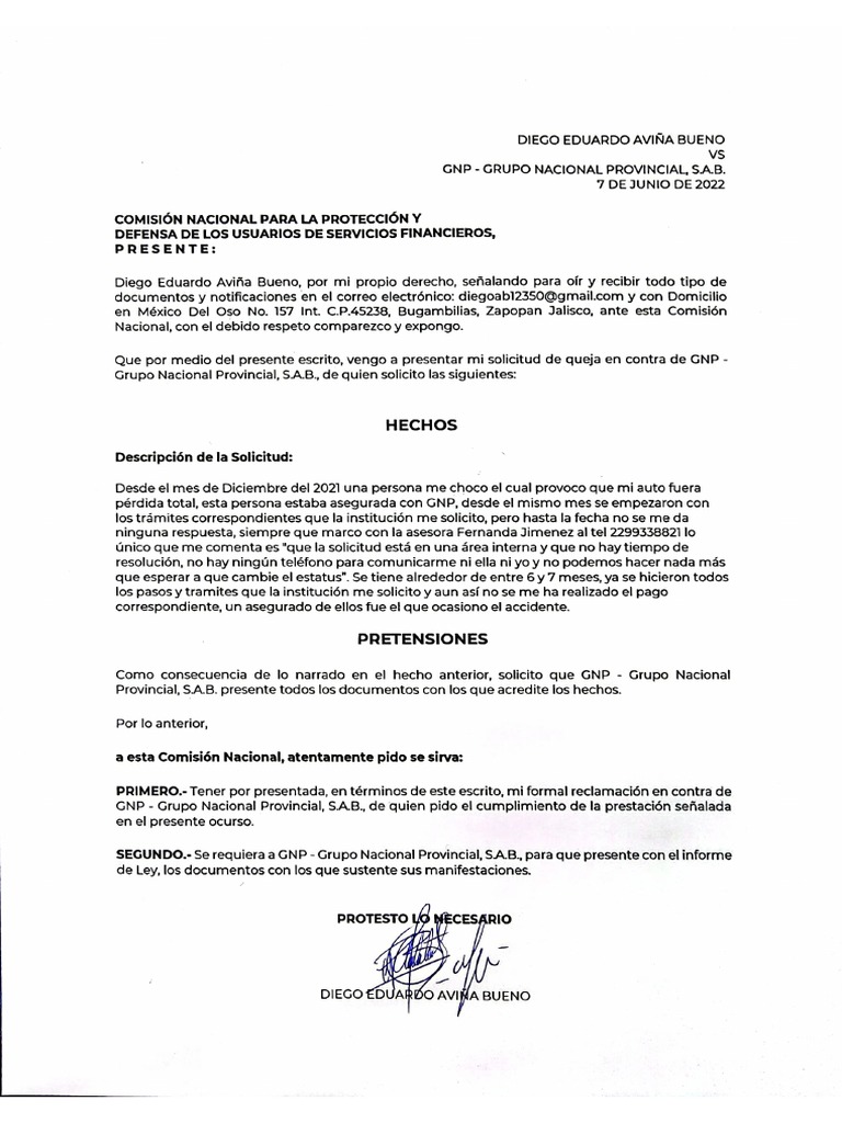 Formato Queja CONDUSEF | PDF