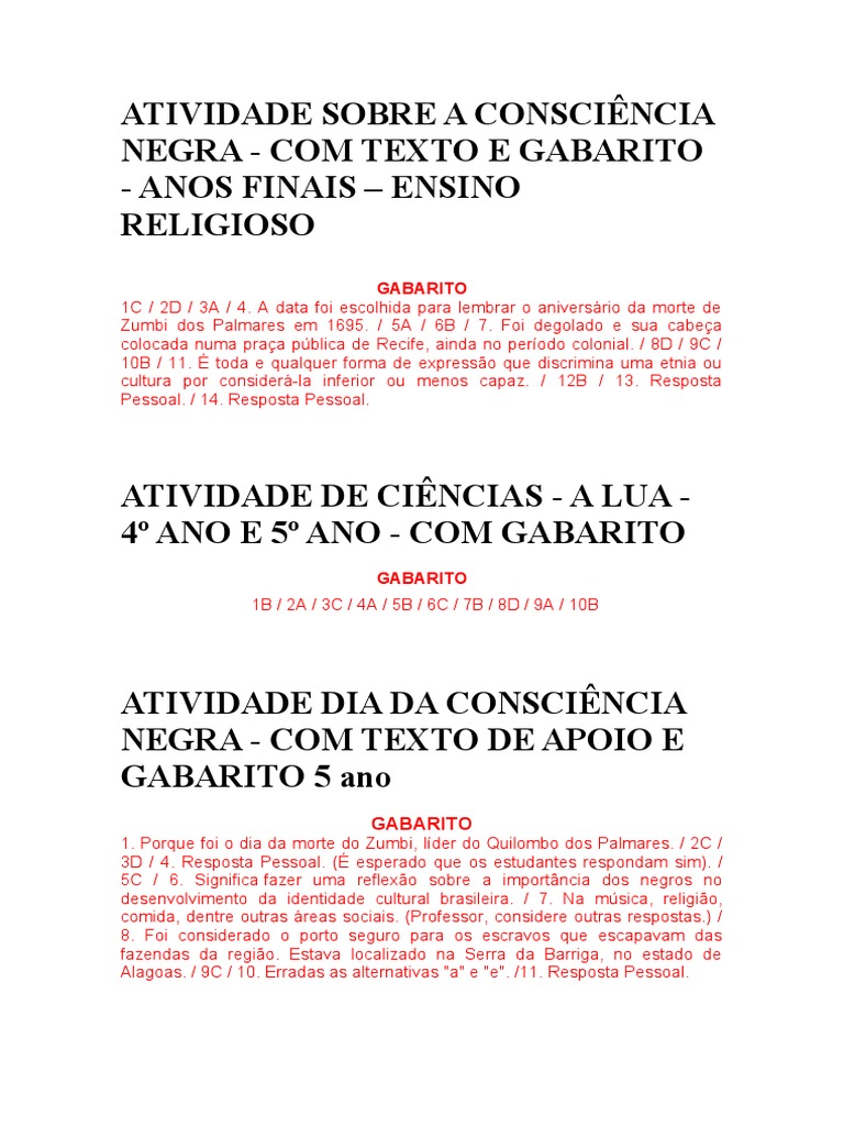 Atividade de Inglês sobre o Dia da Consciência Negra com Gabarito