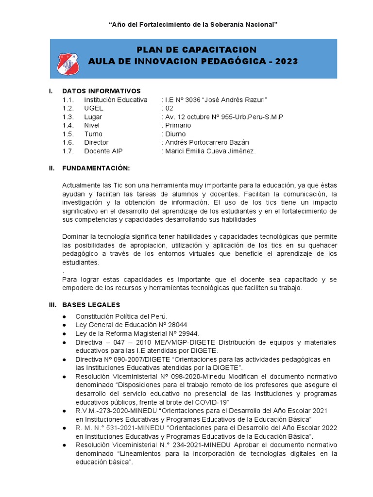 Plan de Capacitacion Aip - 2023 | PDF | Enseñando | Educación primaria