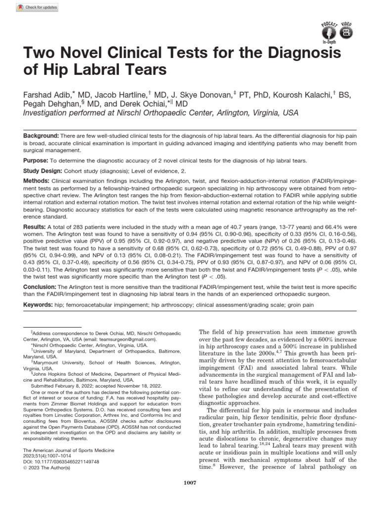 Novel Tests for Hip Labral Tear Diagnosis | PDF | Sensitivity And ...