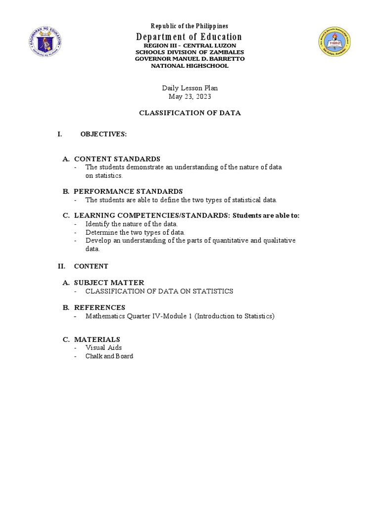 Daily Lesson Plan (The Nature of Data) | PDF | Level Of Measurement ...