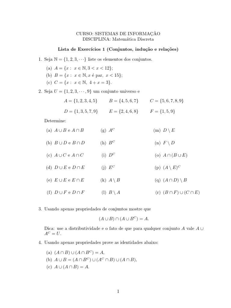 Lista 1 - Matemática Discreta | PDF