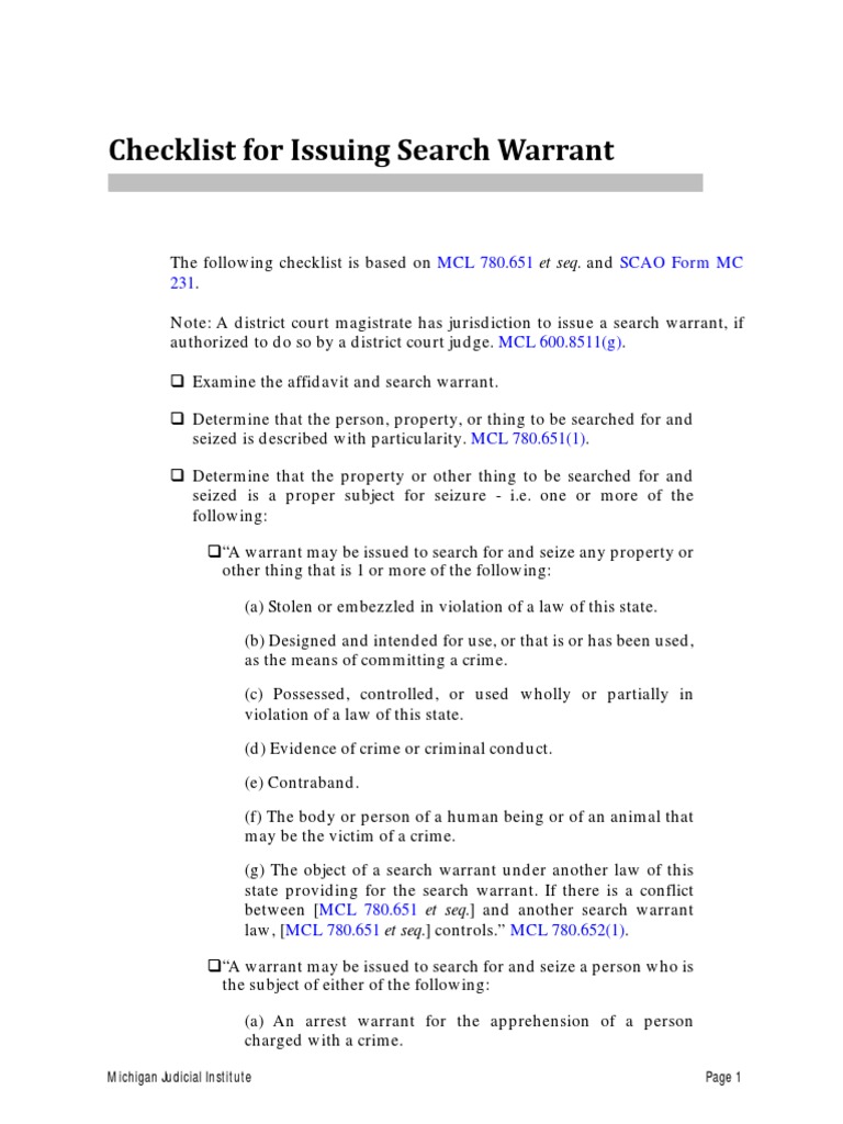 Issuing Search Warrant Checklist PDF Search Warrant Affidavit