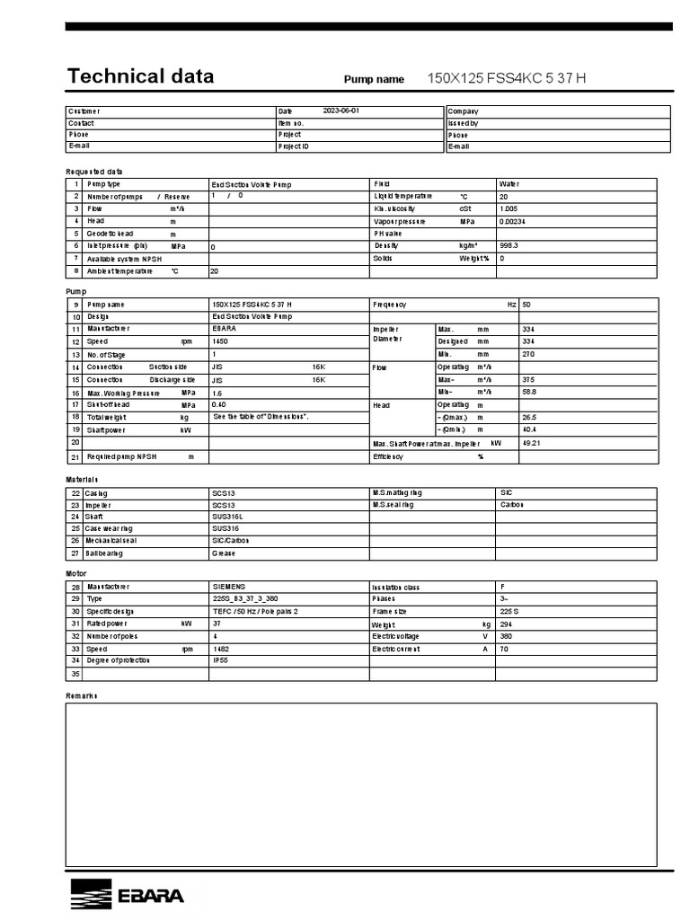 Data Sheet 150X125 FSS4KC 5 37 H | PDF | Pump | Liquids